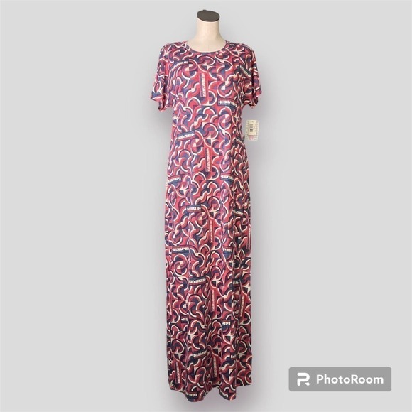 LULAROE Maria Maxi Dress Red White Blue Patriotic Spellout Retro Print Size M - Picture 1 of 16